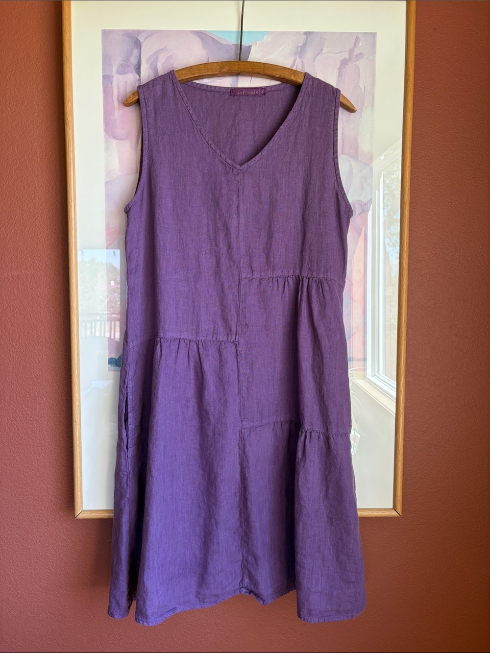 Cut Loose Purple Linen Patch Dress V-Neck, Size Small